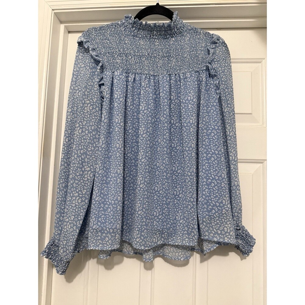 Glam Blue Print Smocked Long Sleeve Top Small Cottagecore Prairie Romantic